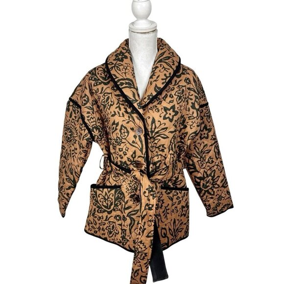 BAGATELLE Women's S Button Belted Quilted Jacket Camel Black Floral NWT - Picture 2 of 13